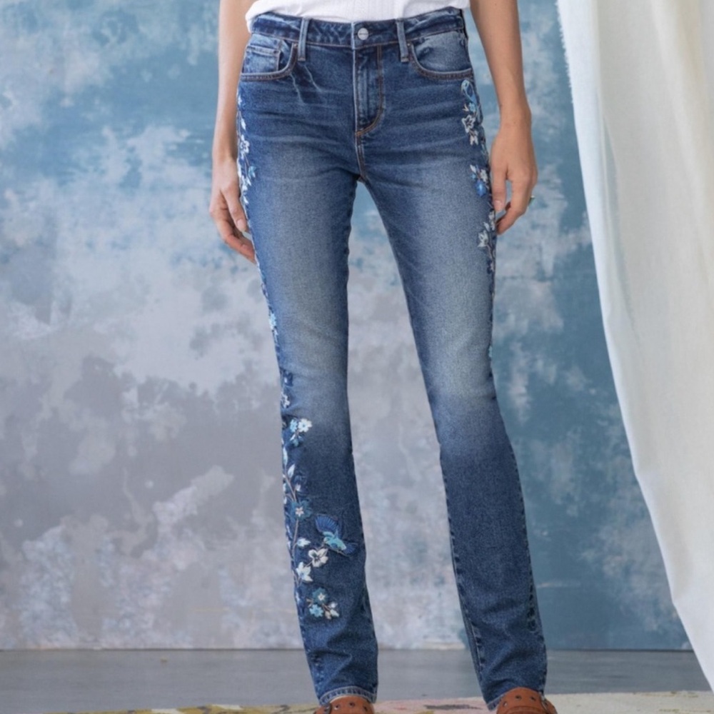 Driftwood 30 Audrey High-rise Jeans Aida Embroidery Birds Floral Appliqué Blue - Picture 2 of 4